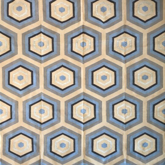Monochrome Blue Silver Hexagon  Cotton Dhurrie Rug