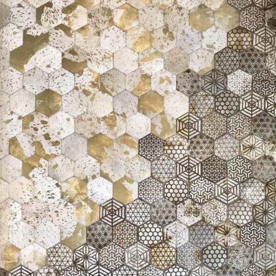 Neutral White Gold Honeycomb Laser Etched Metallic Hide Rug
