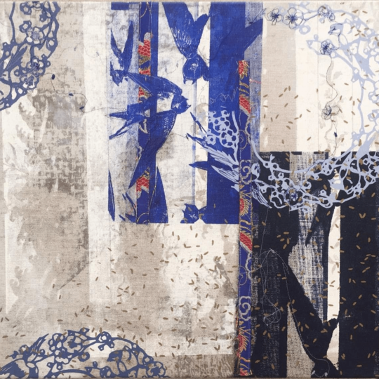 Swallows and Oriental Waves Original Artwork by Deborah Mckellar of Talking Textiles