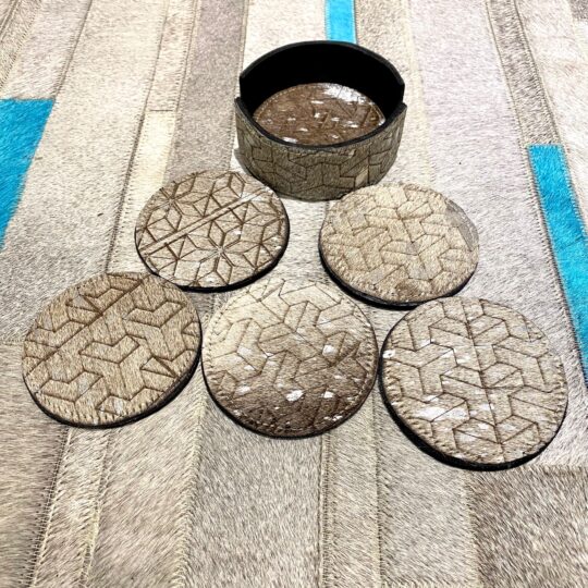 Set Of 6 Lazer Etched Metallic Hide Coasters - Grey Silver 3d Round